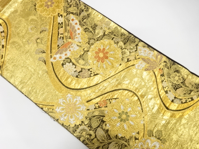 JAPANESE KIMONO / FUKURO OBI FOR FURISODE / SILK / WOVEN STREAM & BUTTERFLY & KIKU & ARABESQUE